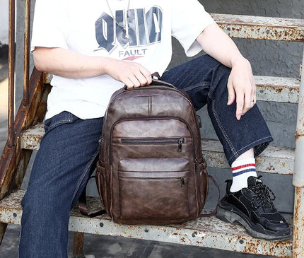 Sac à Dos Cuir Casual USB Multi-Poches